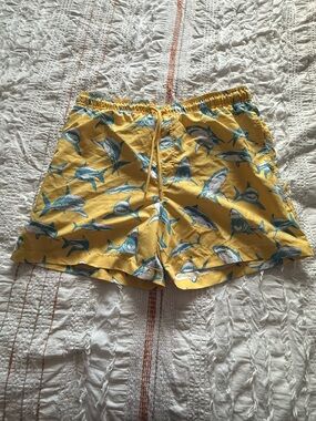 George Yellow Swim Shorts with Blue Shark Print